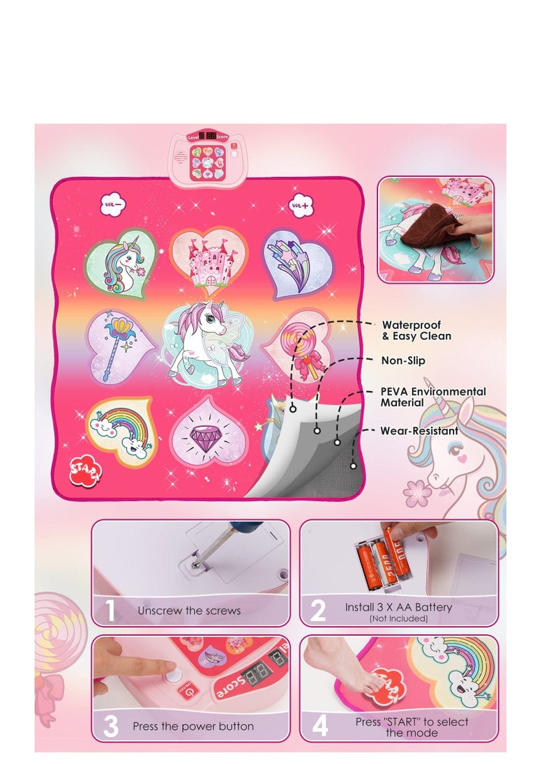 Unicorn Dance Mat Toys, Dance Musical Play Mat with 5 Game Modesu0026 8 Built-in Songs, Play Mat with LED Lights, Adjustable Volume, Suitable for 3 -6+ Year Old Girl Kid