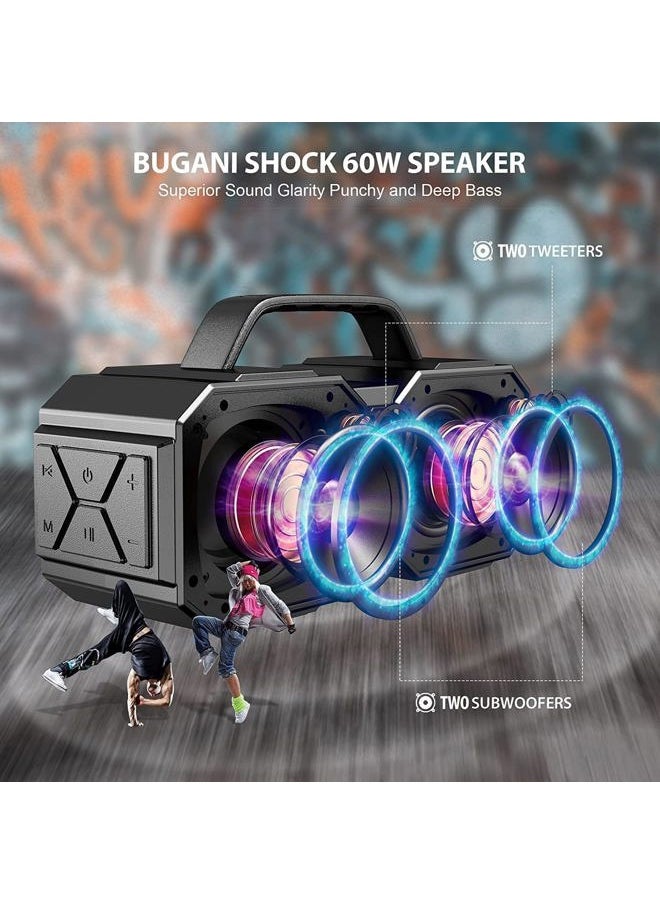 Shock Bluetooth Speaker, Portable Bluetooth 5.3, Waterproof, 60W Super Power, Outdoor Speaker, Black(New Model)