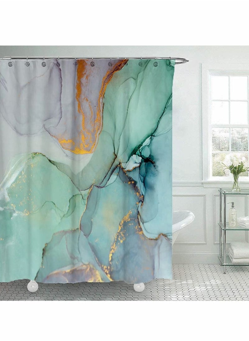 Shower Curtain, 180cm Bathroom Decor Set, Green Colourful Marble Shower Curtains with 12 Hooks Watercolor Abstract Ink Paint Jade Printing Decor