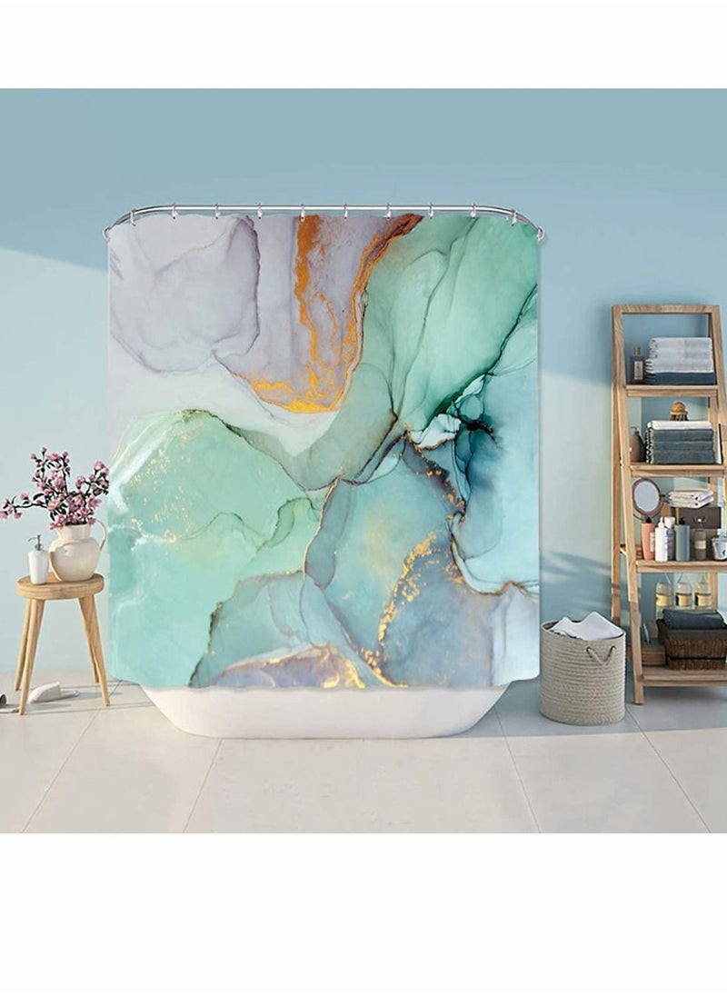 Shower Curtain, 180cm Bathroom Decor Set, Green Colourful Marble Shower Curtains with 12 Hooks Watercolor Abstract Ink Paint Jade Printing Decor
