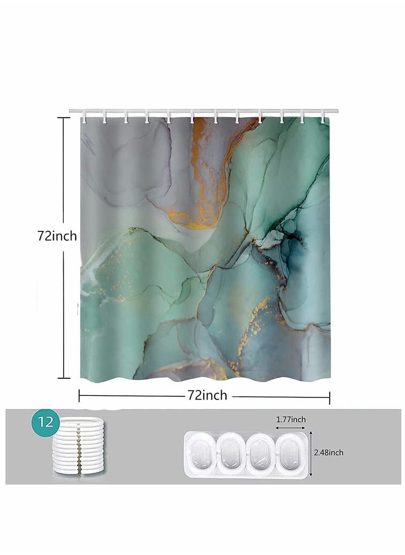 Shower Curtain, 180cm Bathroom Decor Set, Green Colourful Marble Shower Curtains with 12 Hooks Watercolor Abstract Ink Paint Jade Printing Decor