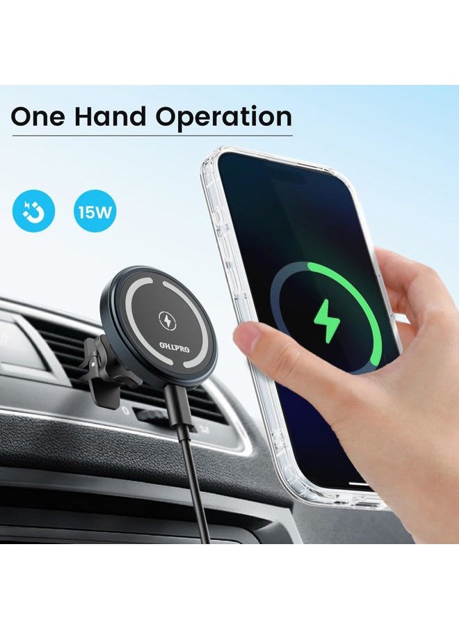 for MagSafe Car Mount Charger iPhone Wireless Car Charger, Stick on Dashboard Magnetic Phone Holder Mount for iPhone 16 Pro Plus Max 15 14 13 12 Series, 15W Fast Charging, Aluminum Shell