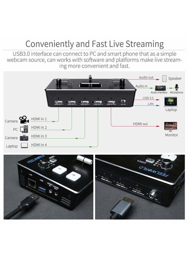LIVEPRO L1 4 x HDMI Inputs Multi Format Video Mixer Switcher USB 3.0 Output Real Time Live Streaming Multi Camera Production