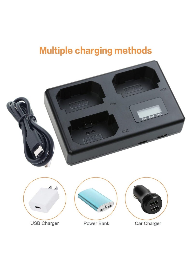 Triple Charger for Sony NP-FZ100 Battery, 8.4V/850mA, Compatible with Sony A7III, A7SIII, A9, A9S Cameras, with LCD Display, Support Type-C and Micro USB, Sony a7iii Battery Charger