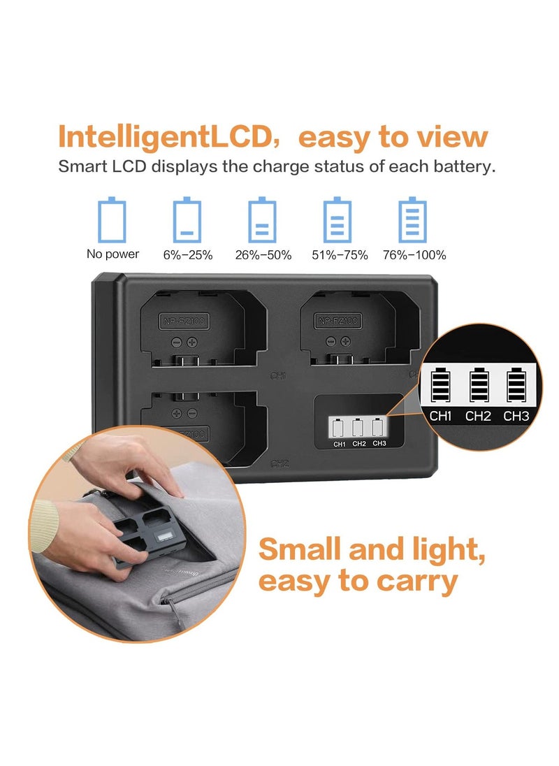 Triple Charger for Sony NP-FZ100 Battery, 8.4V/850mA, Compatible with Sony A7III, A7SIII, A9, A9S Cameras, with LCD Display, Support Type-C and Micro USB, Sony a7iii Battery Charger