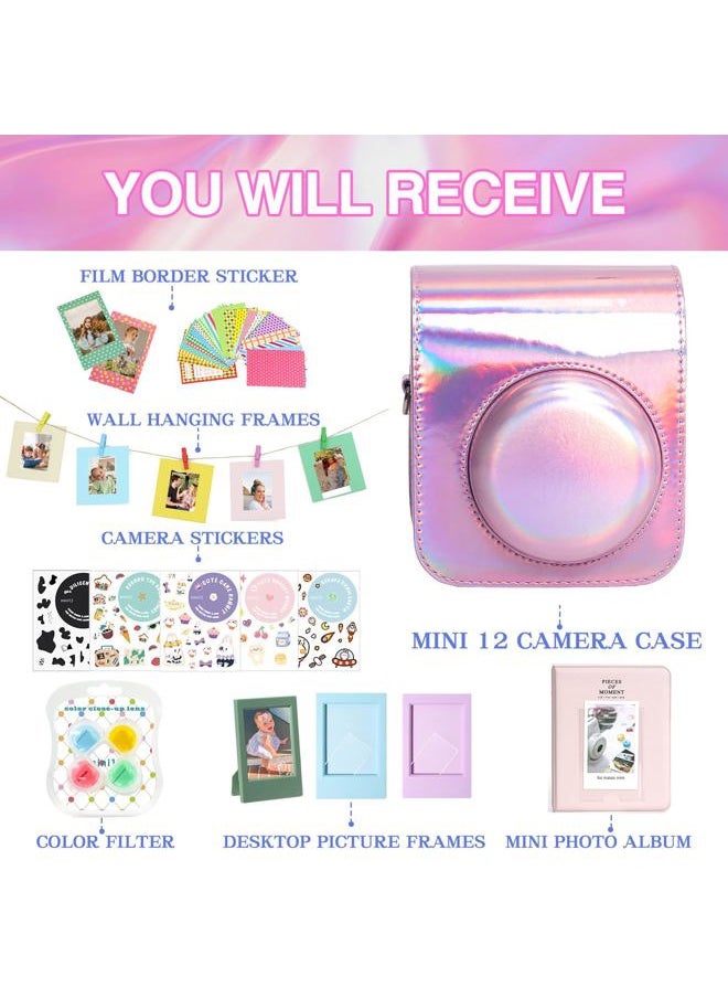 Accessories Kit for Fujifilm Instax Mini 12 Instant Camera Case + Album for Mini 3 Inch Film + Color Filters + Photo Album & Frames + Wall Hanging Frame + DIY Sticker (Shiny Pink)