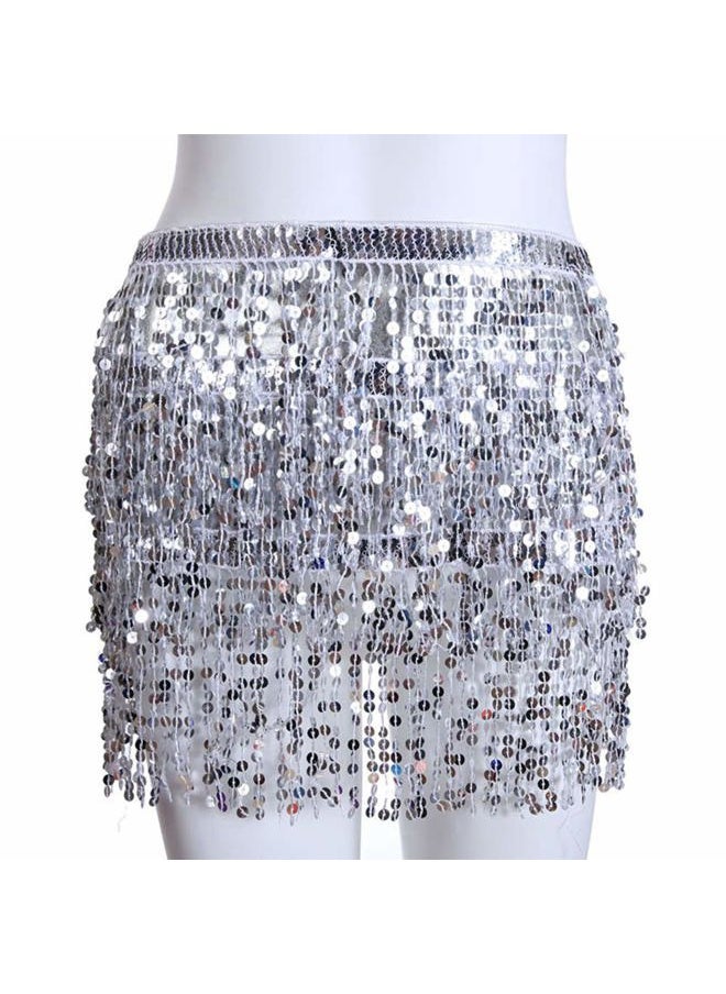 Belly Dance Hip Skirt Sequins Tassel Scarf Multi-Layered Belly Belt Dance Wrap Rave Costume Performance Festival Dresses for Women (Silver)