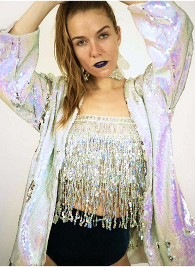 Belly Dance Hip Skirt Sequins Tassel Scarf Multi-Layered Belly Belt Dance Wrap Rave Costume Performance Festival Dresses for Women (Silver)