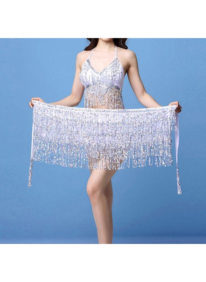 Belly Dance Hip Skirt Sequins Tassel Scarf Multi-Layered Belly Belt Dance Wrap Rave Costume Performance Festival Dresses for Women (Silver)
