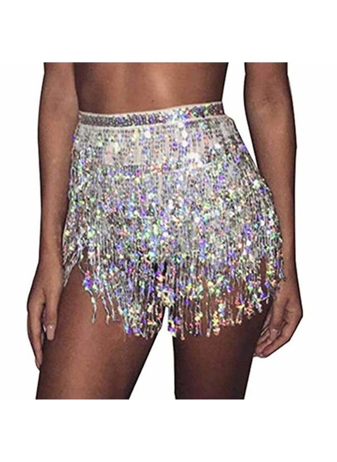 Belly Dance Hip Skirt Sequins Tassel Scarf Multi-Layered Belly Belt Dance Wrap Rave Costume Performance Festival Dresses for Women (Silver)