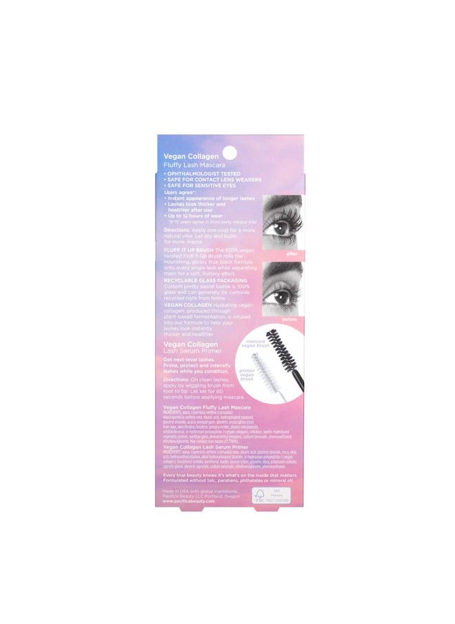 Beauty Vegan Collagen Lash Serum and Primer & Fluffy Lash Mascara Duo Set, Makeup, Black Mascara, Volumizing, Lengthening, Conditioning, Vitamin B & E, Eyelash Serum, Eye Makeup (Set of 2)