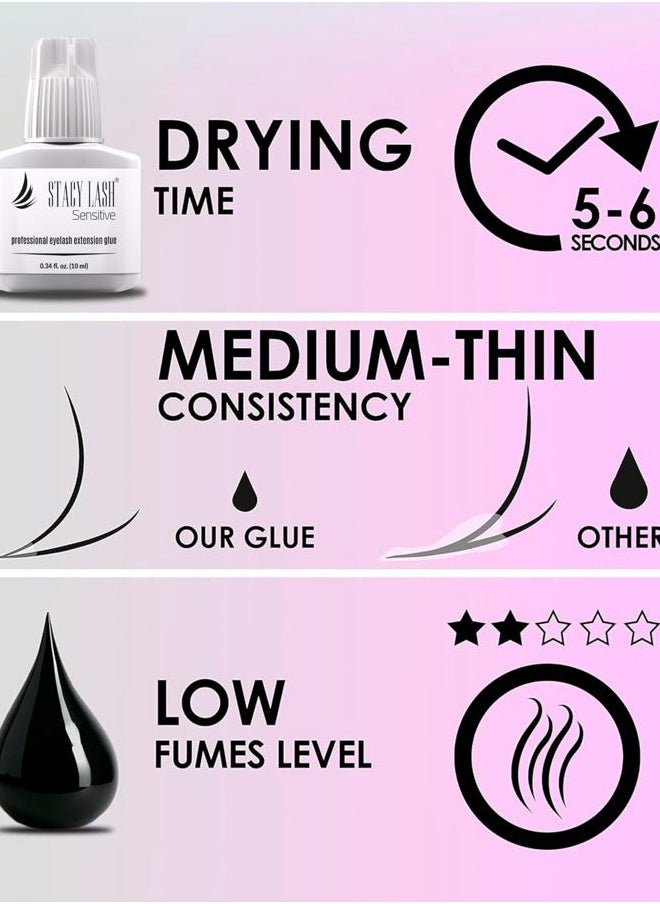 Sensitive Eyelash Extension Glue Stacy Lash 0.34fl.oz/10ml / 5-6 Sec Drying time/Retention – 4-5 Weeks/Black Adhesive/Professional Supplies