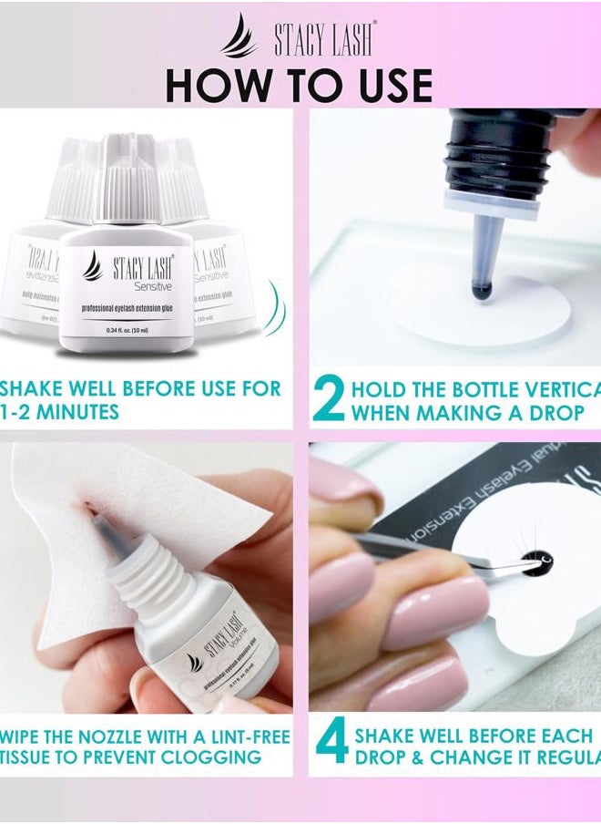 Sensitive Eyelash Extension Glue Stacy Lash 0.34fl.oz/10ml / 5-6 Sec Drying time/Retention – 4-5 Weeks/Black Adhesive/Professional Supplies