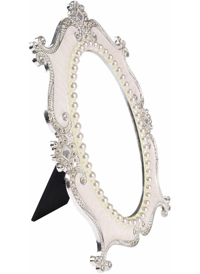 Decorative Tabletop Oval Mirror Vintage Metal Desktop Mirror with Stand Pearl Floral Frame Makeup Mirror Retro Cosmetic Mirror Countertop Dressing Mirror for Home, Bedroom Decor White-S