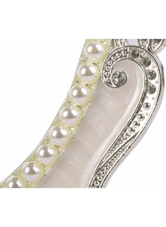 Decorative Tabletop Oval Mirror Vintage Metal Desktop Mirror with Stand Pearl Floral Frame Makeup Mirror Retro Cosmetic Mirror Countertop Dressing Mirror for Home, Bedroom Decor White-S