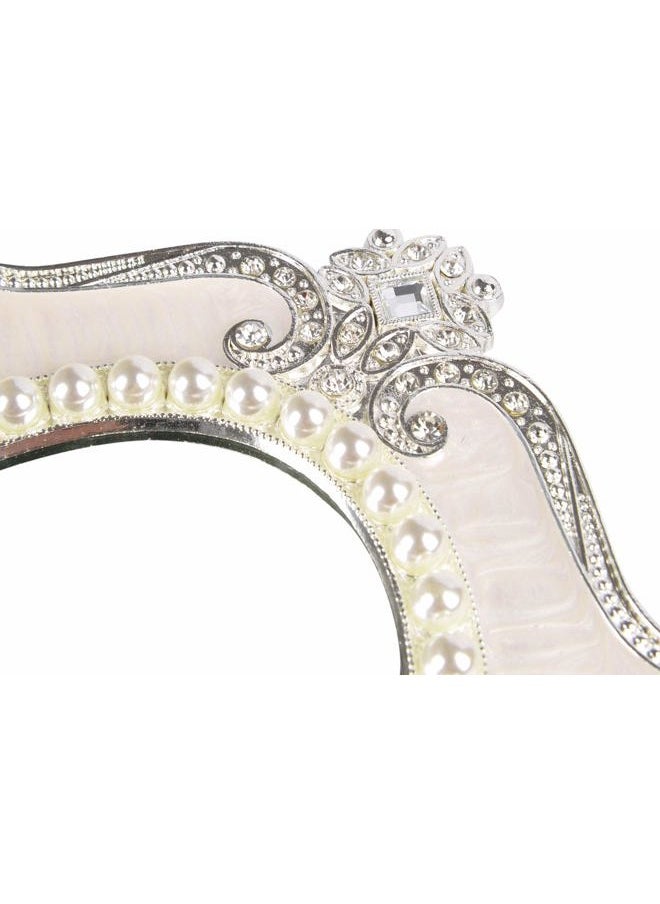 Decorative Tabletop Oval Mirror Vintage Metal Desktop Mirror with Stand Pearl Floral Frame Makeup Mirror Retro Cosmetic Mirror Countertop Dressing Mirror for Home, Bedroom Decor White-S