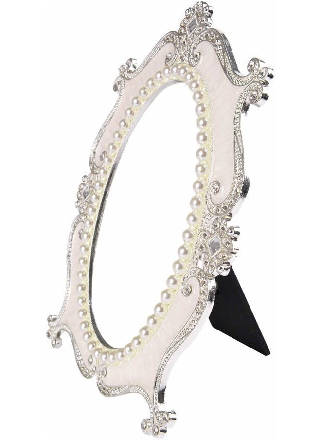 Decorative Tabletop Oval Mirror Vintage Metal Desktop Mirror with Stand Pearl Floral Frame Makeup Mirror Retro Cosmetic Mirror Countertop Dressing Mirror for Home, Bedroom Decor White-S
