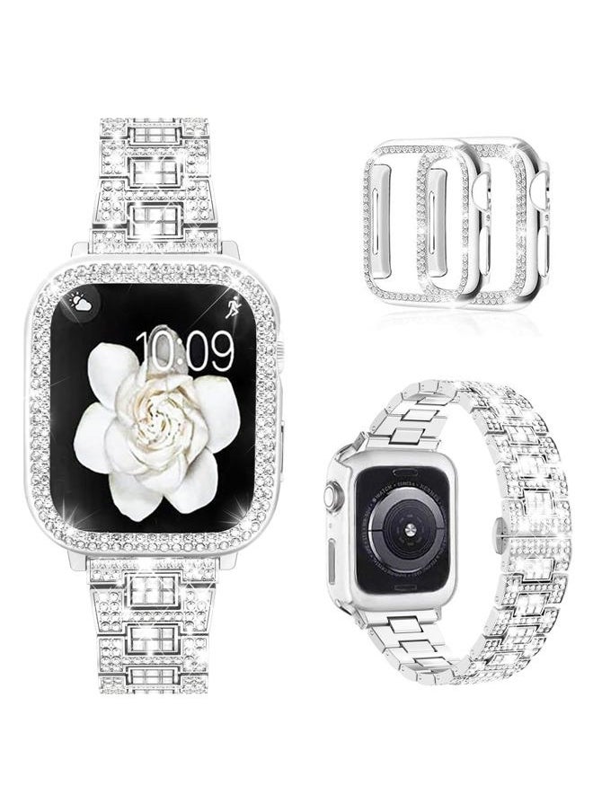 Compatible with Apple Watch Band 38mm with Case Women, Bling Metal Wristband Strap with 2 Pack Bling PC Protective Cover for iWatch Series 3/2/1(38mm, Silver)