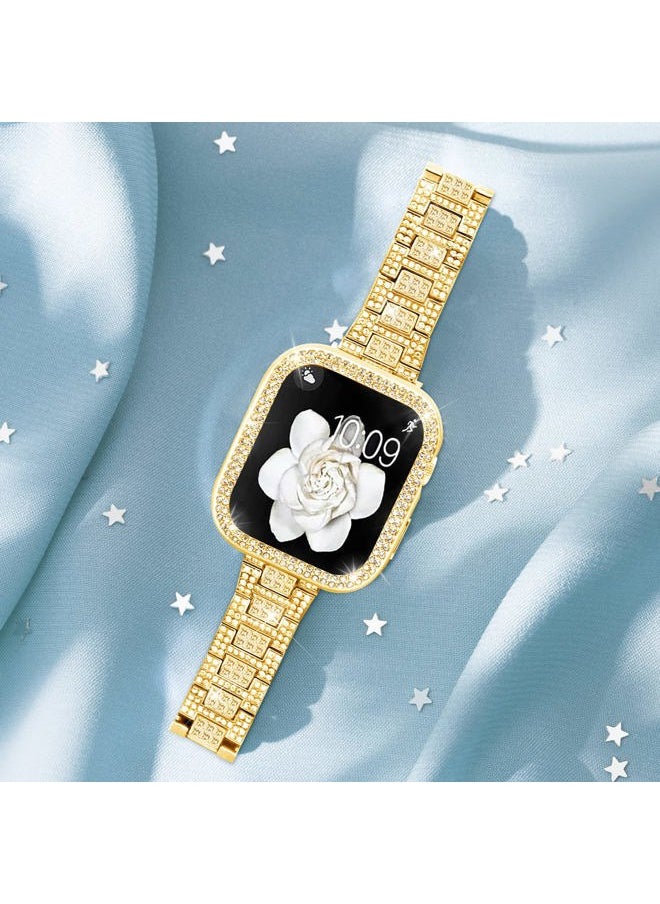 Compatible with Apple Watch Band 44mm with Case Women, Bling Metal Wristband Strap with 2 Pack Bling PC Protective Cover for iWatch SE Series 6/5/4(44mm, Gold)