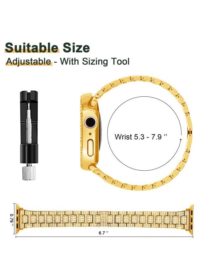 Compatible with Apple Watch Band 44mm with Case Women, Bling Metal Wristband Strap with 2 Pack Bling PC Protective Cover for iWatch SE Series 6/5/4(44mm, Gold)