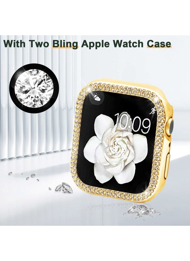 Compatible with Apple Watch Band 44mm with Case Women, Bling Metal Wristband Strap with 2 Pack Bling PC Protective Cover for iWatch SE Series 6/5/4(44mm, Gold)