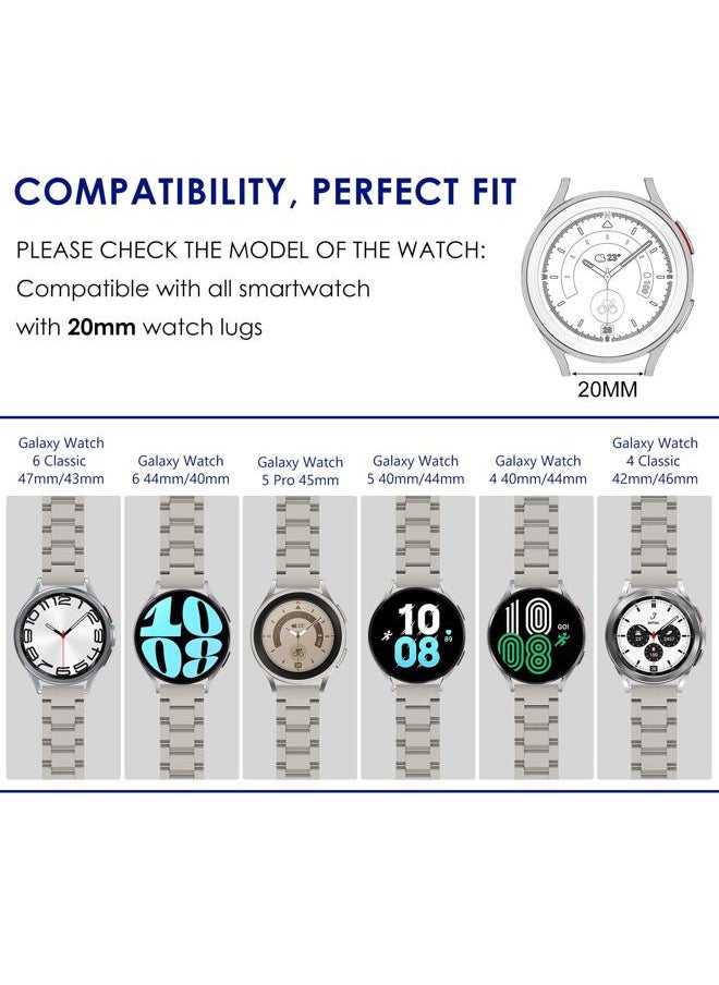 for Samsung Galaxy Watch 7 6 5 4 Band Watch 6 Classic 47mm Bands 5 Pro Galaxy Watch 4 Classic FE Band 45mm 43mm 44mm 40mm 46mm 42mm Men 20mm Stainless Steel Band Galaxy Watch 3 41mm, Titanium