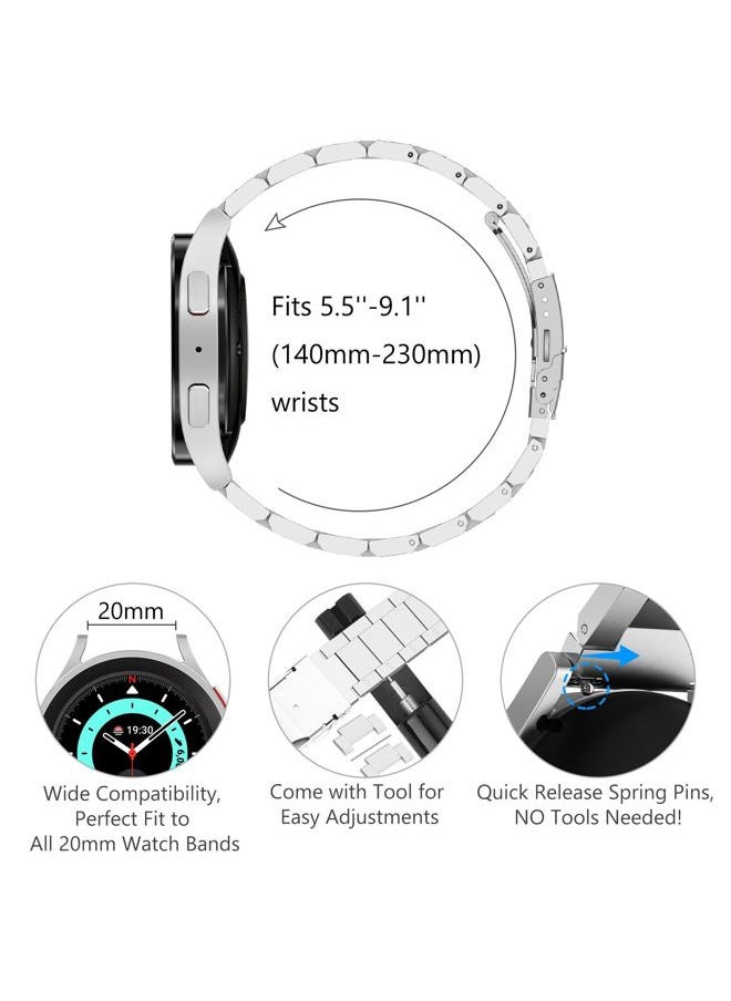 for Samsung Galaxy Watch 7 6 5 4 Band Watch 6 Classic 47mm Bands 5 Pro Galaxy Watch 4 Classic FE Band 45mm 43mm 44mm 40mm 46mm 42mm Men 20mm Stainless Steel Band Galaxy Watch 3 41mm, Silver