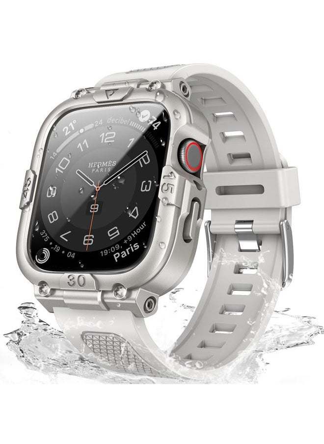 Sport Rugged Case with Band for Apple Watch 45mm, Waterproof Case with Screen Protector, 360Protective Cover and Tough Black Bumper for iWatch Series 9 8 7 Men (Starlight, 45mm)