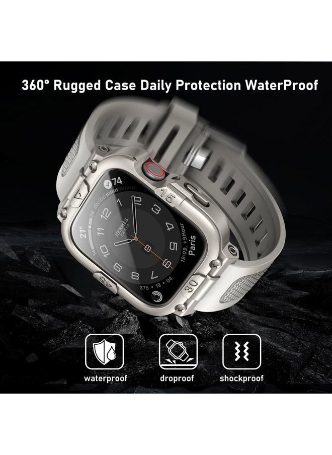 Sport Rugged Case with Band for Apple Watch 45mm, Waterproof Case with Screen Protector, 360Protective Cover and Tough Black Bumper for iWatch Series 9 8 7 Men (Starlight, 45mm)