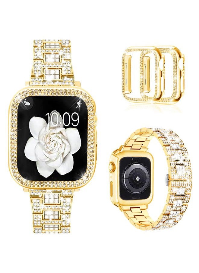 Compatible with Apple Watch Band Series 9/8/7 41mm with Case Women, Bling Metal Wristband Strap with 2 Pack Bling PC Protective Cover for iWatch 41mm Series 9/8/7(41mm, Gold)