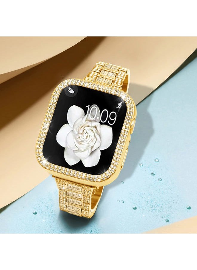 Compatible with Apple Watch Band Series 9/8/7 41mm with Case Women, Bling Metal Wristband Strap with 2 Pack Bling PC Protective Cover for iWatch 41mm Series 9/8/7(41mm, Gold)