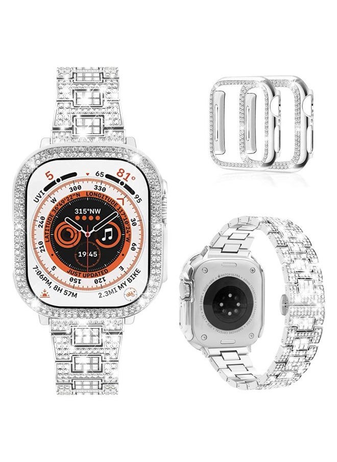 Compatible with Apple Watch Band Ultra 2/ Ultra 49mm with Case Women, Bling Metal Wristband Strap with 2 Pack Bling PC Protective Cover for iWatch Ultra 49mm (49mm, Silver)