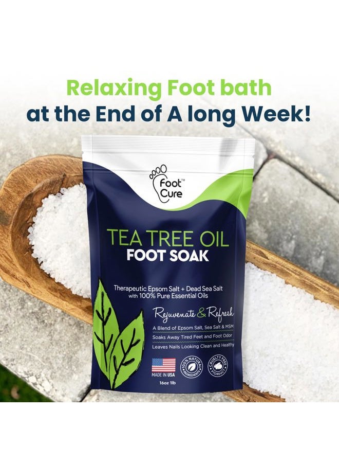 Tea Tree Oil Foot Soak with Epsom Salt - For Toenail Repair, Athletes Foot, Softens Calluses, Soothes Sore & Tired Feet, Nail Discoloration, odor Scent, Spa Pedicure Care - Made in USA 16 oz