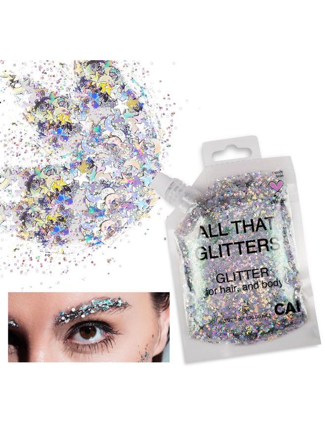 Body Glitter Gel- Face, Body & Hair (5 Pk Unicorn) Chunky Iridescent Holograph Stars & Moon, 3 oz | Cosmetic-Grade Makeup, Apply Without Glue, Easy to Take Off & Keep Skin Cleanat Raves