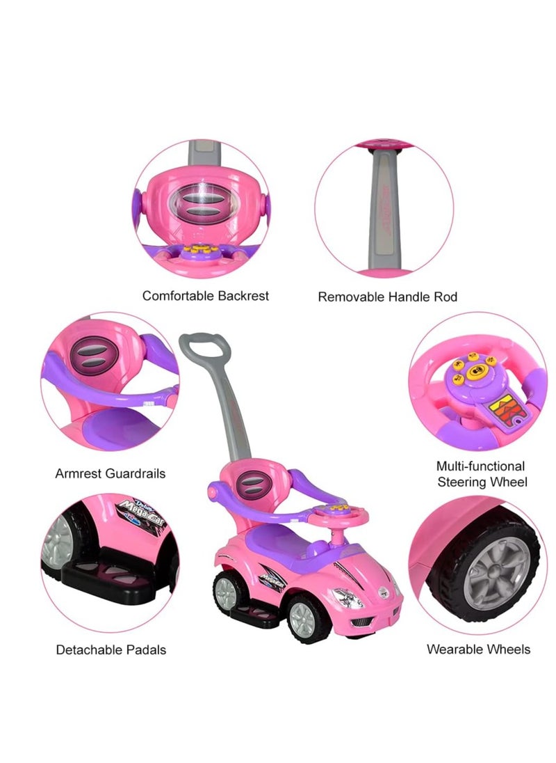 Push Cars for Toddlers, 3 in 1 Ride on Push Car with Music, Safety Brackets, and Anti-Topple Devices, Removable Handle for the Ages 1-3 years (Pink) 301
