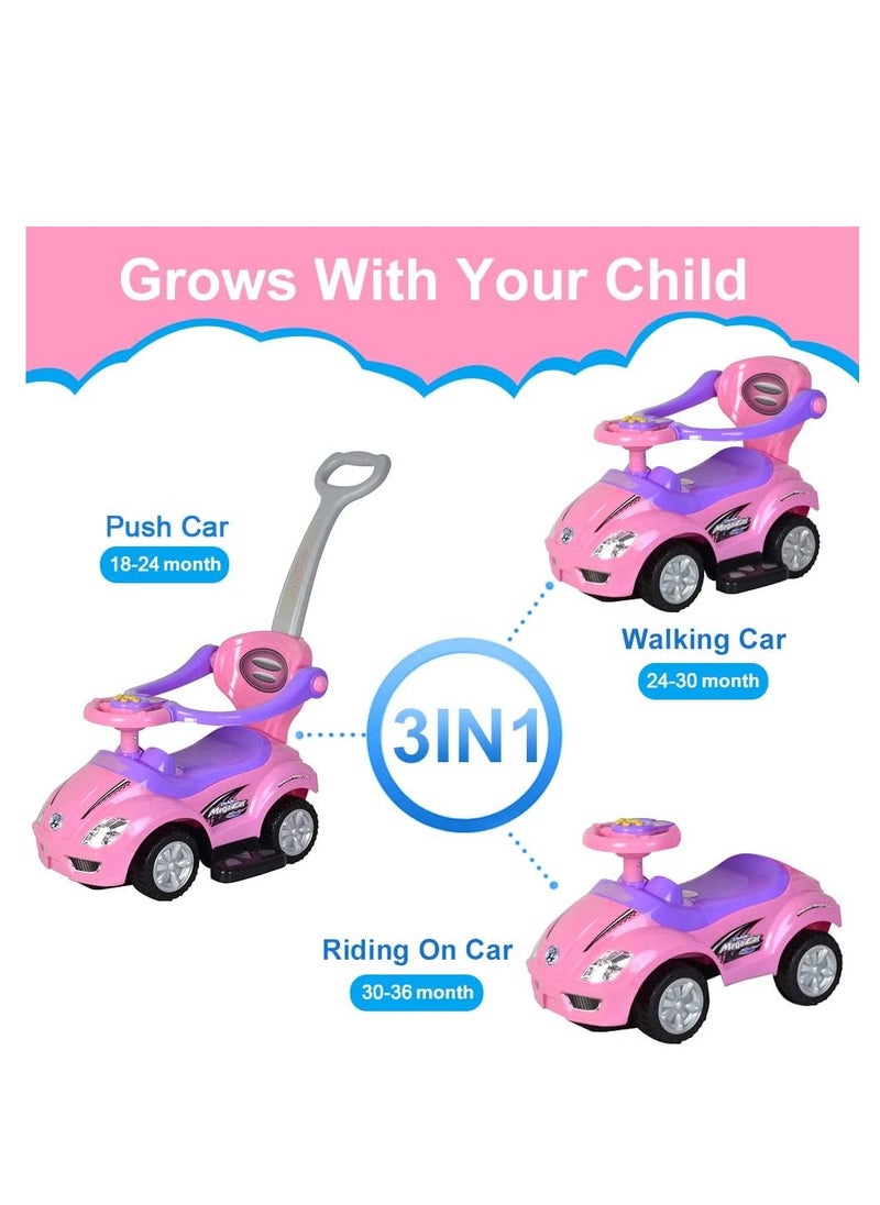 Push Cars for Toddlers, 3 in 1 Ride on Push Car with Music, Safety Brackets, and Anti-Topple Devices, Removable Handle for the Ages 1-3 years (Pink) 301