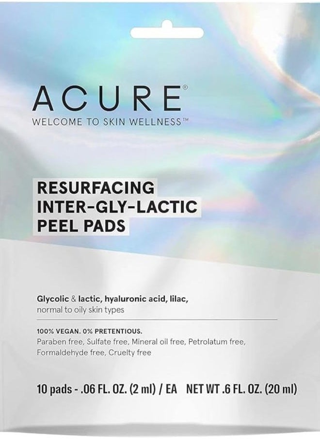 Resurfacing Inter-Gly-Lactic Peel Pads | 100% Vegan | Clarifying & Calming For Normal To Oily Skin Types | With Hyaluronic Acid & Lilac | 10 Count