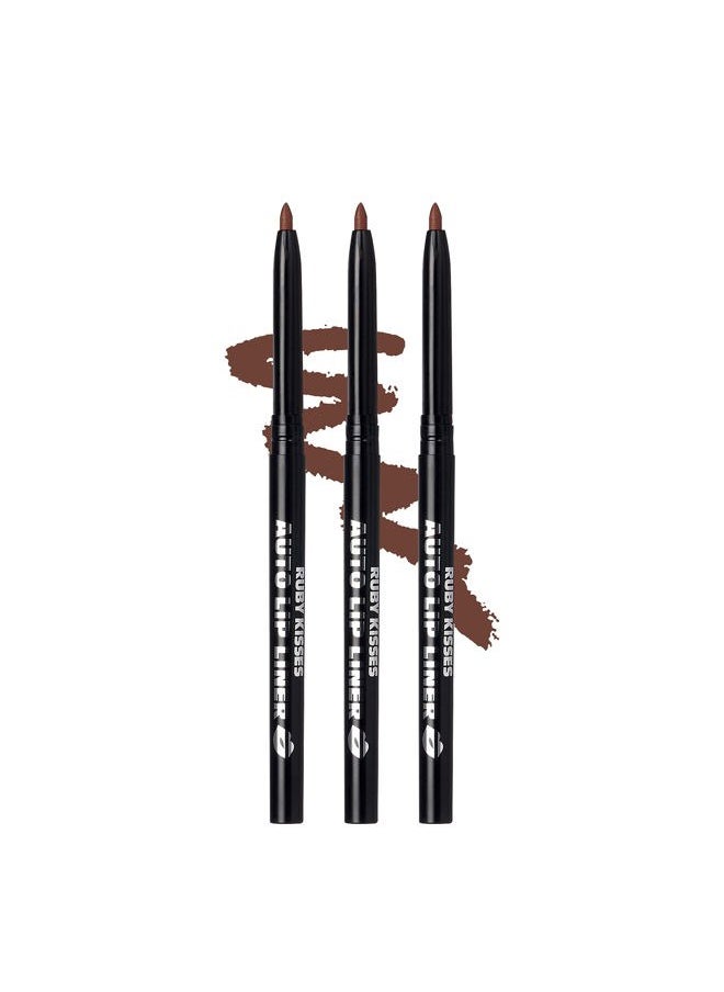 Auto Lip Liner Pencil (Brown 3 Pack), Long Lasting & Non-Fading, Smooth Application, Non-Feathering with Rich Pigmented Color, No Sharpener Needed, Ideal for Full Lips Look