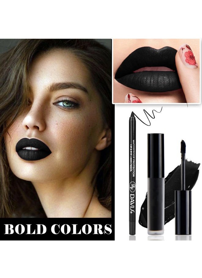 2PCS Velvet Liquid Lip Gloss & Matte Lipstick Set - Black, Non-Stick, Waterproof, Long Lasting for Halloween & Goth Makeup