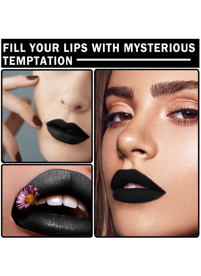 2PCS Velvet Liquid Lip Gloss & Matte Lipstick Set - Black, Non-Stick, Waterproof, Long Lasting for Halloween & Goth Makeup