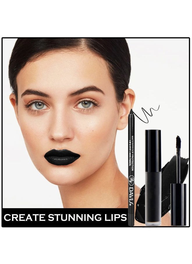 2PCS Velvet Liquid Lip Gloss & Matte Lipstick Set - Black, Non-Stick, Waterproof, Long Lasting for Halloween & Goth Makeup