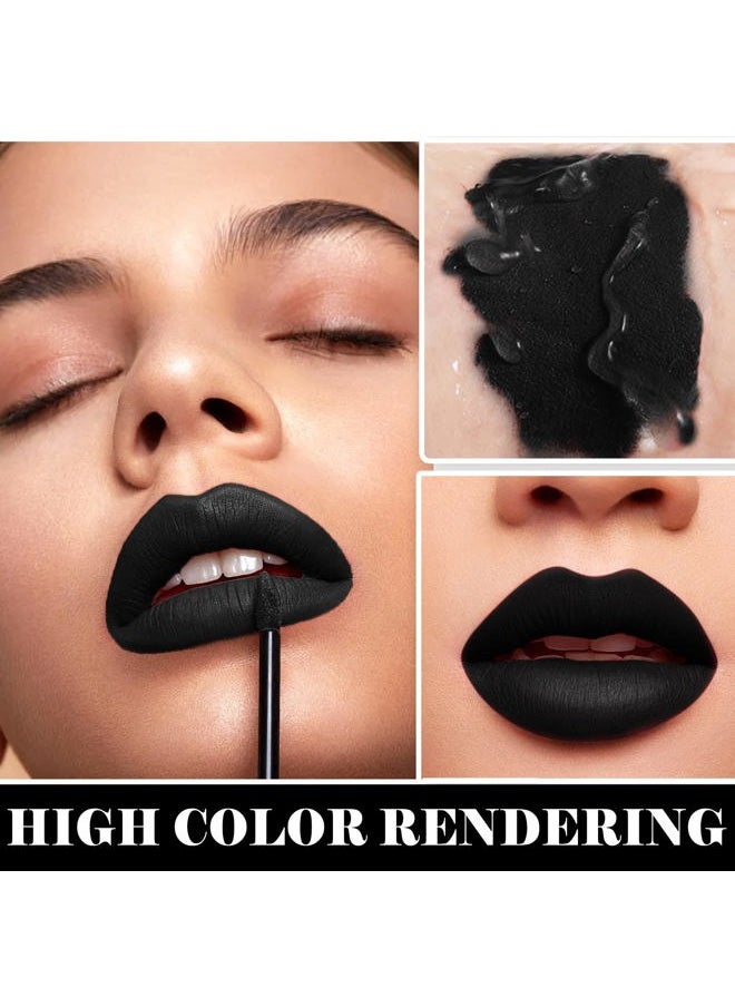 2PCS Velvet Liquid Lip Gloss & Matte Lipstick Set - Black, Non-Stick, Waterproof, Long Lasting for Halloween & Goth Makeup