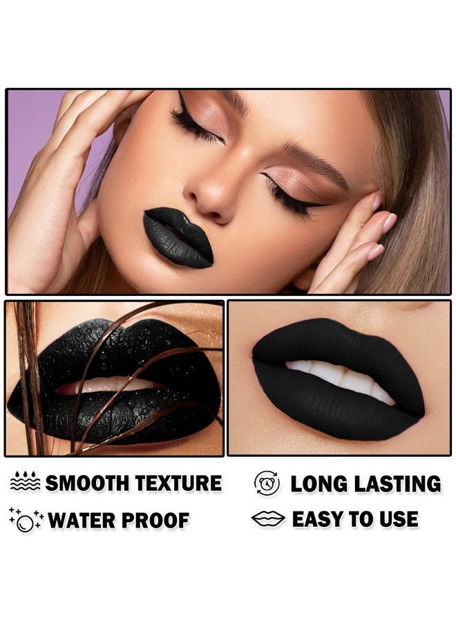 2PCS Velvet Liquid Lip Gloss & Matte Lipstick Set - Black, Non-Stick, Waterproof, Long Lasting for Halloween & Goth Makeup