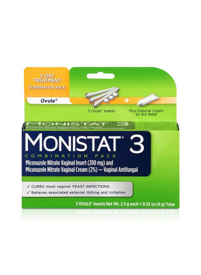 3 Day Yeast Infection Treatment for Women, 3 Miconazole Ovule Inserts & External Monistat Anti-Itch Cream Bundle
