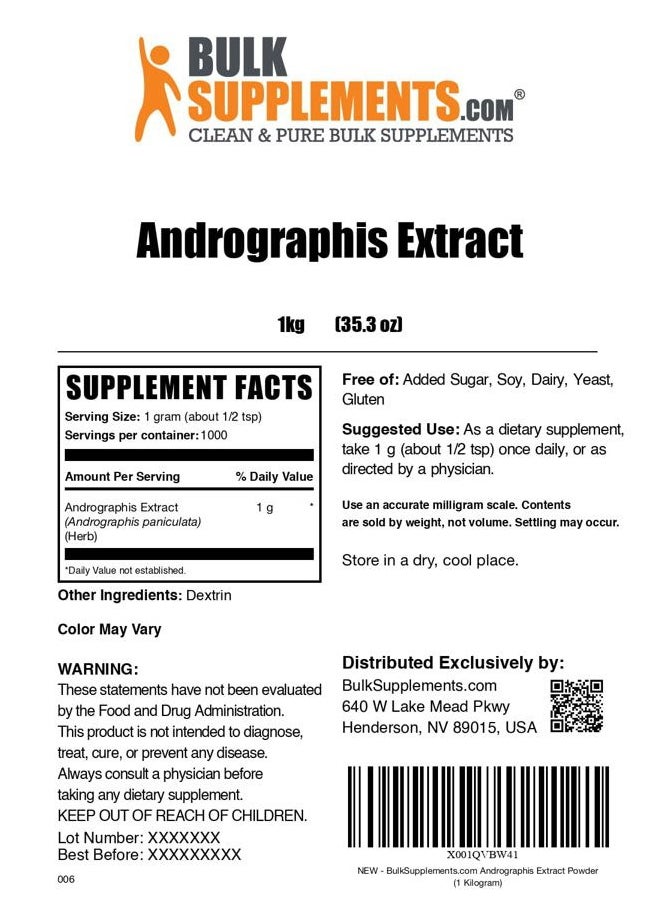 .com Andrographis Extract Powder - Andrographis Paniculata, Herbal Supplement, Andrographis Powder - Gluten Free, 1000mg per Serving, 1kg (2.2 lbs) (Pack of 1)