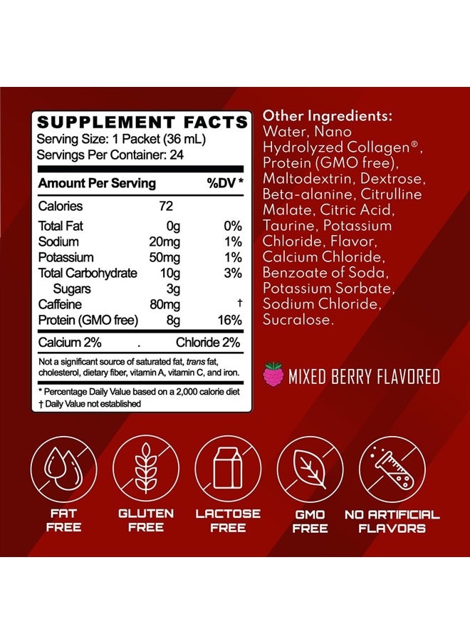 Ultra Energized Pre Workout Shot & Energy Gel, 80mg Caffeine, 1500mg Beta Alanine, Electrolytes 8g Protein Nano-Hydrolyzed Grass Fed Collagen, 10g Carbs, Berry, 1.2 oz Packets, 24 Pack
