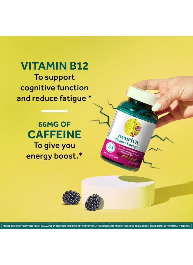 Brain + Energy Gummies, Nootropic Brain Supplements for Focus and Concentration with Neurofactor, Vitamin B12 & Caffeine for an Energy Boost*, 75ct Natural BlackBerry
