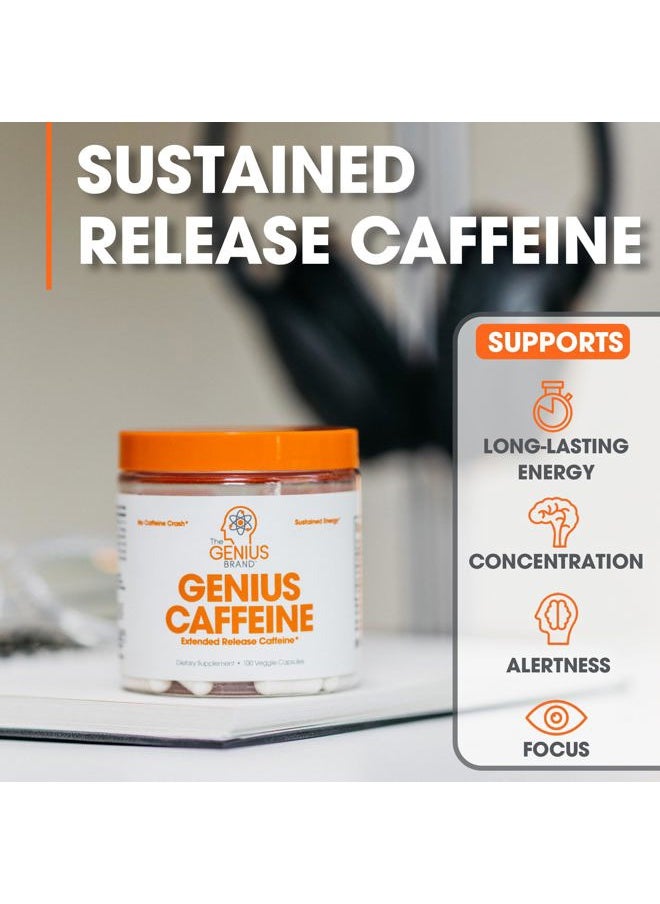 Genius Caffeine Pills 100mg, Extended-Release Microencapsulated Caffeine Pills - All-Natural Non-Crash Sustained Energy, Focus & Concentration Supplement - Nootropic Brain Booster - 100 Capsules