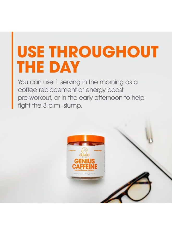 Genius Caffeine Pills 100mg, Extended-Release Microencapsulated Caffeine Pills - All-Natural Non-Crash Sustained Energy, Focus & Concentration Supplement - Nootropic Brain Booster - 100 Capsules