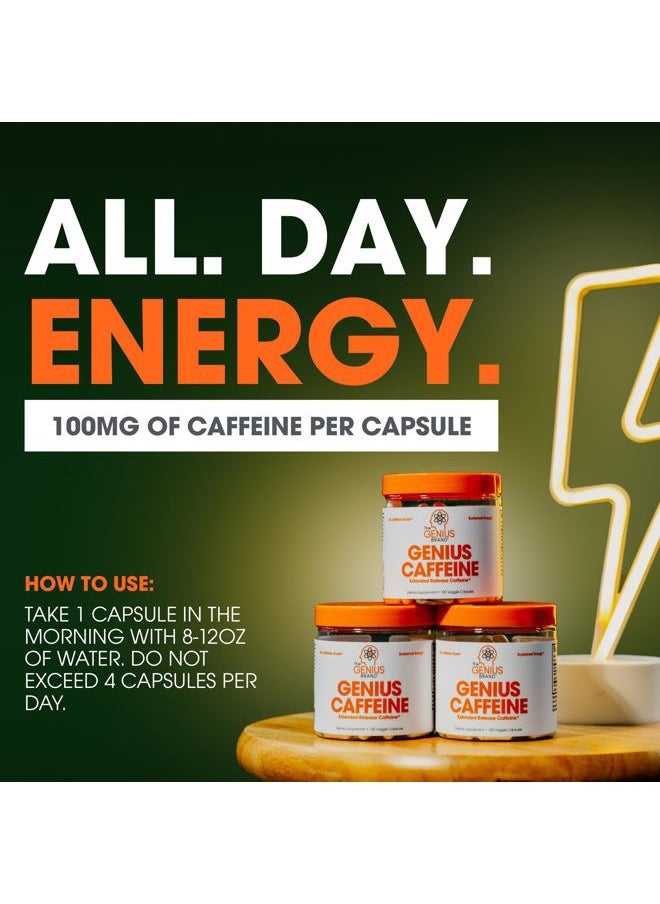 Genius Caffeine Pills 100mg, Extended-Release Microencapsulated Caffeine Pills - All-Natural Non-Crash Sustained Energy, Focus & Concentration Supplement - Nootropic Brain Booster - 100 Capsules